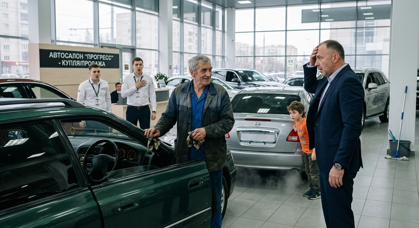 Старый уборщик починил машину и удивил весь автосалон